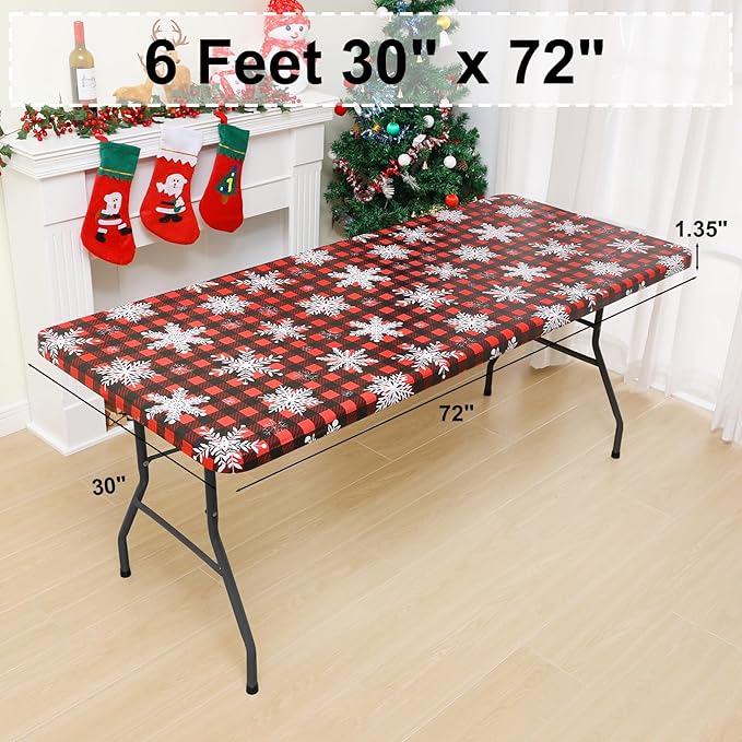 misaya Rectangle Vinyl Tablecloth, Fitted Table Cover, Waterproof, Elastic Edge, Flannel Backing, Plastic Table Cloth Fit 6 Foot Folding Tables for Christmas Dinner (Buffalo Snowflakes, 30x72 inch)