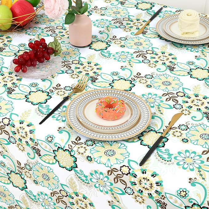 misaya Rectangle Waterproof Vinyl Table Cloth, Wipeable Tablecloth with Flannel Backing, Plastic Table Cover for Dinner, Picnic, Indoor and Outdoor (Paisley Flower, 60" x 84")