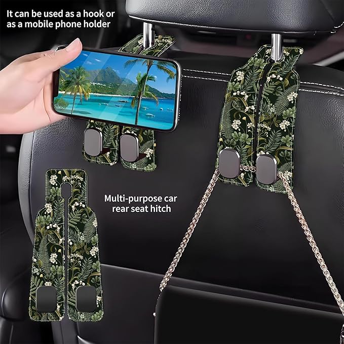 AEWNUNK Purse Hook for Car White Flowers Berries and Leaves 1 Pack Headrest Back Seat Hook Premium Leather Double Metal Hanger Storage Pack Bag Purse Holder Car Accessories