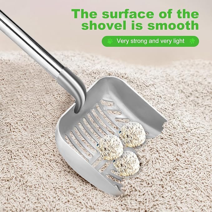Metal Cat Scoop, Removable Litter Scoop, Long Handle Cat Scoop, Adjustable Length Up to 31.5 Inches, 2-in-1 Pet Scoop, Deep Scoop and Fine Hole Scoop, Foam Padded Handle, Cat Poop Scoop for All Cats