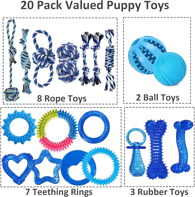 20 Pack Puppy Chew Toys for Teething & Fun (Chew Toys for Puppies 0-6 Months Bundle with Various Rubber Rings, Rope Toys and Balls for Interactive Play, Teeth Cleaning & Relief
