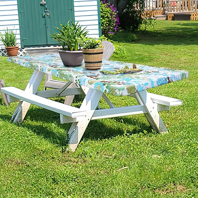 misaya Rectangle Vinyl Tablecloth, Fitted Table Cover, 100% Waterproof, Elastic Edge, Flannel Backing, Table Cloth Fit 8 Foot Folding Tables for Picnic, Outdoor (Leaves, 30x96 inch)