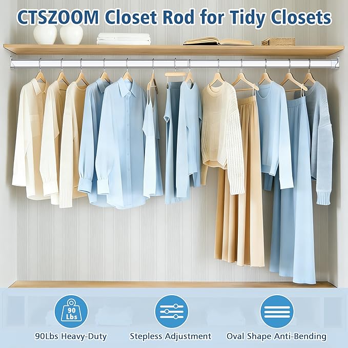 Oval Closet Rod for Hanging Clothes, 90 Lbs Heavy Duty, 17-31 Inch No-Cut Stepless Adjustable, Metal Hanging Rod for Wardrobe, Laundry Room, Closet (Chrome)