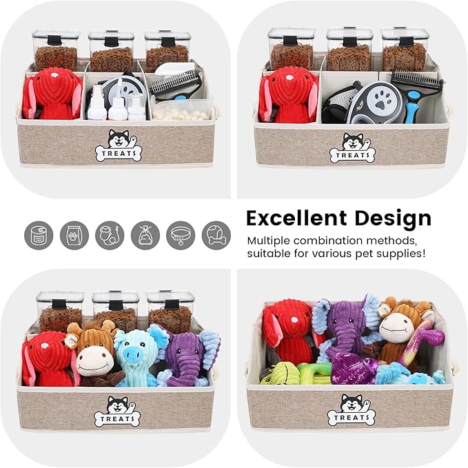 Dog Treat Container Basket for Countertop, Foldable Pet Toy Box for Living Room Area with Handles, Dog Storage Organizer with Removable Dividers for Treat Container, Leashes, Canned food (Brown)