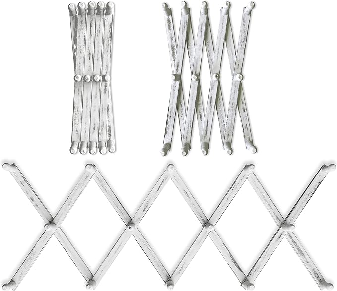 Expandable Wooden Coat Rack Hanger - Large Accordion Hanger with Expanding Pegs | Hand Made Rustic Wooden Hat Rack for Wall | Hang Coat, Jacket, Hat | Wall Rack – 14 Hook, Distressed White