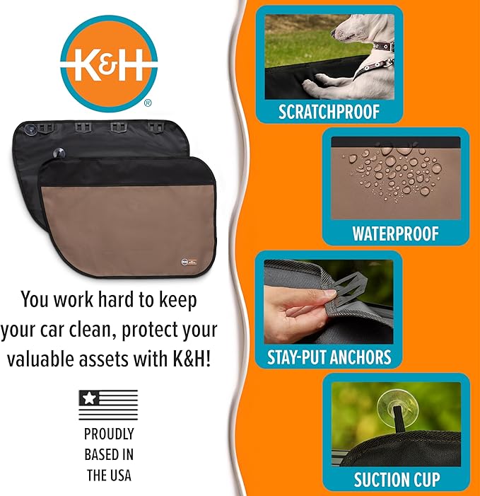 K&H Pet Products Car Door Protector for Dogs, 2 Pack Waterproof Interior Pet Car Door Protector from Dog Scratching, Stay Put Cover Design, Fits Most Vehicles, Washable - 27 x 19in Tan