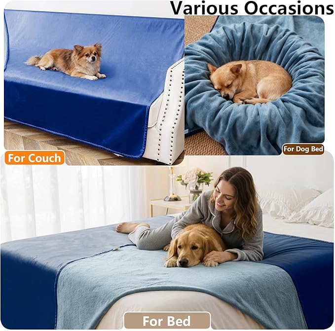 Tuffeel Waterproof Blanket for Bed King Size, Leak Proof Dog Couch Blankets Reversible, Pet Throw Sofa Furniture Protector Machine Washable-82 x108,Navy Blue+Stone Blue