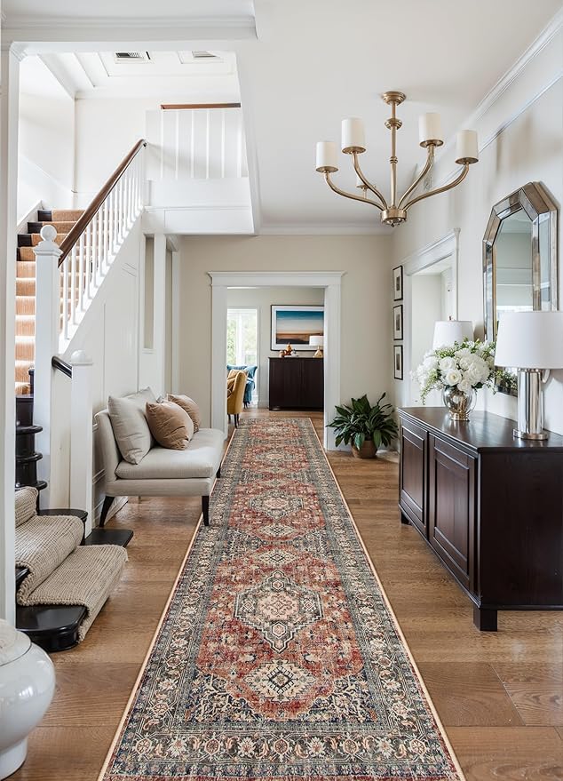 Lahome Oriental Hallway Runner Rug, 2.5x12 Washable Runners for Hallways Kitchen, Soft Distressed Non Shedding Long Carpet for Entryway ‎Laundry Room Eleanor, Brick Red