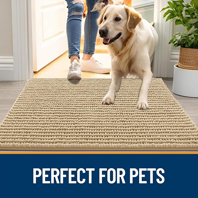 OLANLY Dog Door Mat for Muddy Paws 36x24, Ultra Absorbent Chenille Mud Doormat, Non-Slip Washable and Dirt Trapping Doormat for Indoor Entryway, Quick-Dry Indoor Pet Bed Mats for Dogs, Beige