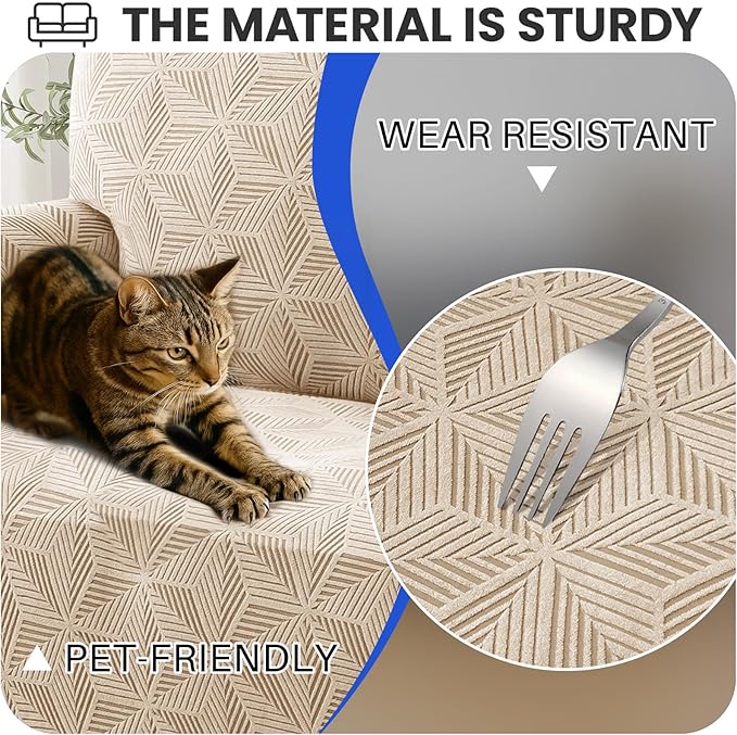 YEMYHOM 1 Piece Stretch Couch Covers for 2 Cushion Couch, Jacquard Loveseat Cover with Non-Slip Elastic Bottom, Thickened Slipcover Furniture Protector for Dogs Pets (Medium, Khaki）
