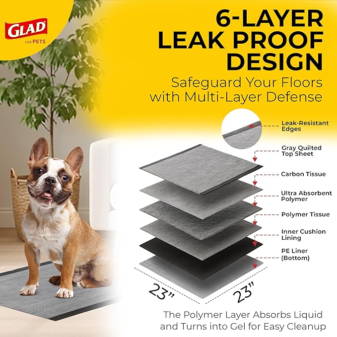 Glad for Pets Black Charcoal Puppy Pads - Super Absorbent Disposable Dog Pee Pads, Potty Training Pads, and Pet Supplies - Dog Pee Pads for Crate Training and Indoor Use 23" x 23" - 30 Count