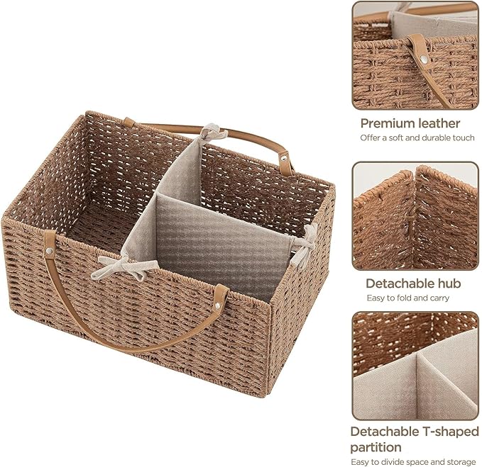 HBlife Baby Diaper Caddy Organizer, Paper Rope Storage Baskets Nursery Bin with Removable Divider, Portable Car Organizer for Diapers, Baby Shower Gifts, Newborn Essentials Must Haves