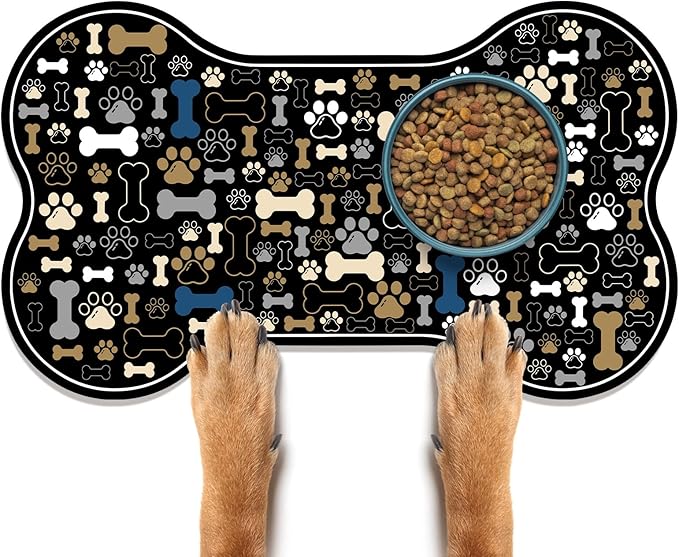 Dog & Cat Food Mat Bone Shaped Pet Feeding Mat Quick Absorb Water Bowl Placemat with Rubber Backing Indoor Floor Stain Resistant Pet Accessory Supplies (Black, 17x29 Inches)