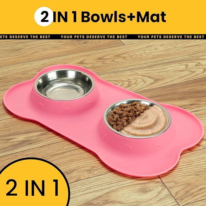 Dog Bowls with Silicone Feeding Mat,No Spill Food Water Dish Set,Dishwasher Safe,2 Stainless Steel Puppy Bowls with Dogs Bandanas,Suitable for Tiny Pets Under 8lbs,Extra Small,Pink