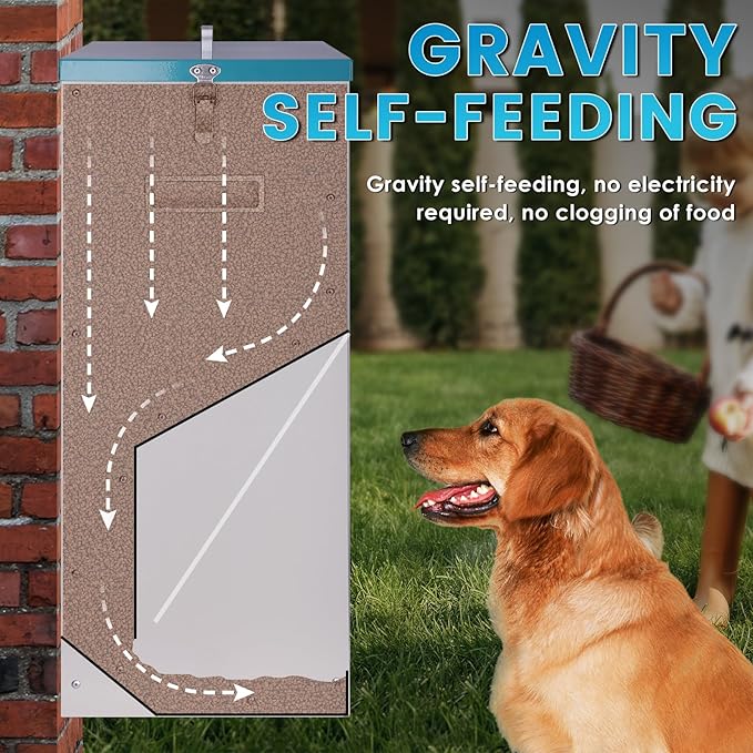 46lbs Automatic Dog Feeder for 2 Dogs Large Breed Dog Food Dispenser Outdoor Gravity Dual Pet Feeder Galvanized Steel Hangable Outside Pet Feeding Station
