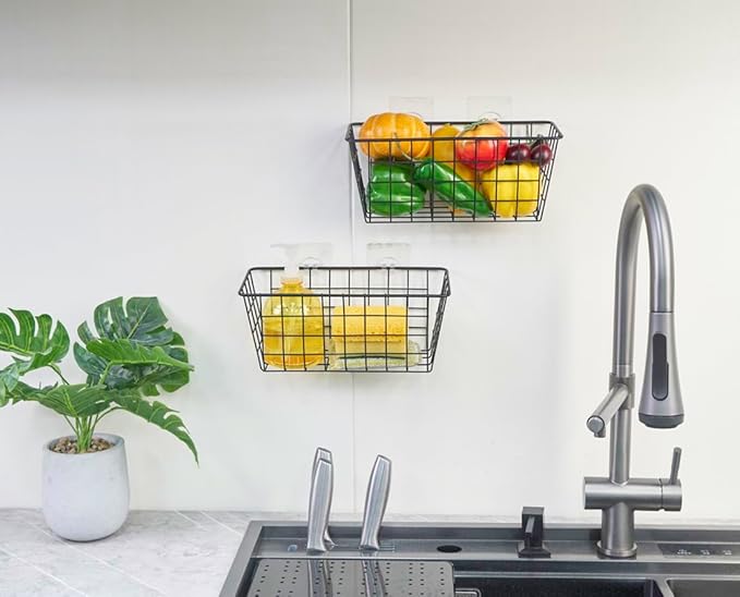 5 Pack Hanging Storage Basket, Bathroom Basket, Household Goods, with Traceless Tape, no Drilling, for Cabinet Storage, Kitchen, Bathroom, Storage Room,Black