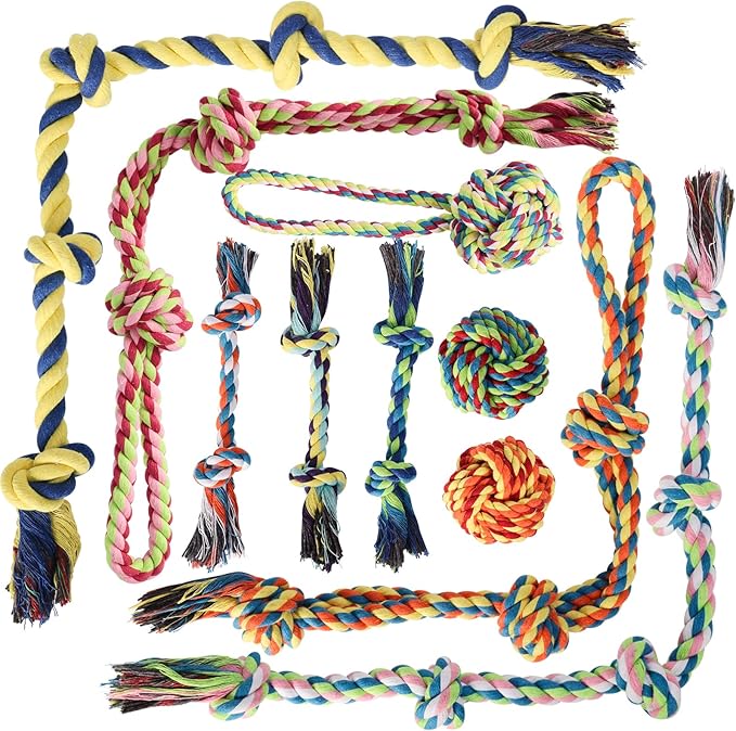 Aitmexcn Dog Rope Toys for Small and Medium Dogs, 10 Pack Puppy Teething Cotton Chew Tug Ropes, Indoor Outdoor Interactive Tug of War Toy Set, Sturdy Knot Toys for Dental Care and Boredom Relief