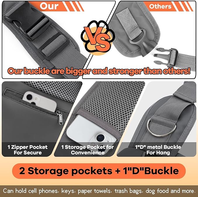 YUDODO Pet Sling Carrier for 5-9 lbs Small Dogs & Cats – Hands-Free Puppy Carrier with Safety Hook, Large Zipper Pocket, Soft Breathable Mesh, Adjustable Strap & Reflective Strip (Gray 1.0 M)