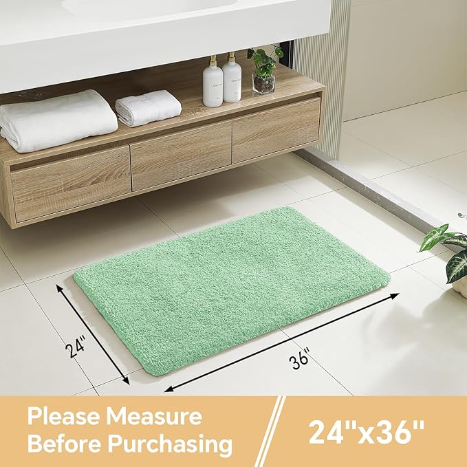 Light Green Bathroom Rugs 24"x36" - Fluffy Microfiber Bath Mat, Non Slip and Absorbent Bathroom Floor Mat, Machine Washable Plush Rug - Ideal for Tub, Cabinet or Washroom
