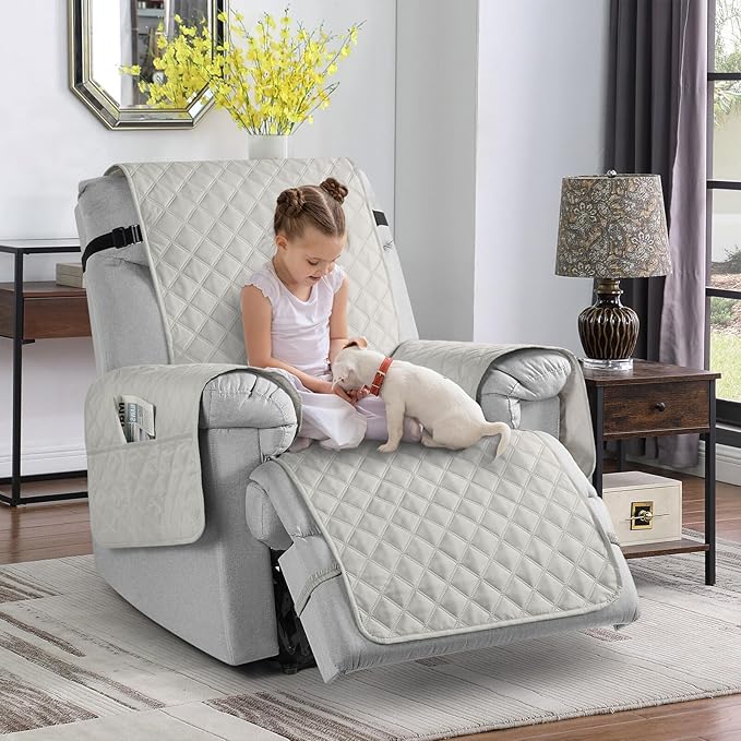 TAOCOCO Non-Slip Recliner Chair Cover Sofa Slipcover, Pet Cover for Large Recliner with Elastic Straps, Washable Chair Seat Cover Recliner Chair Furniture Protector (28'' Oversized, Off White)