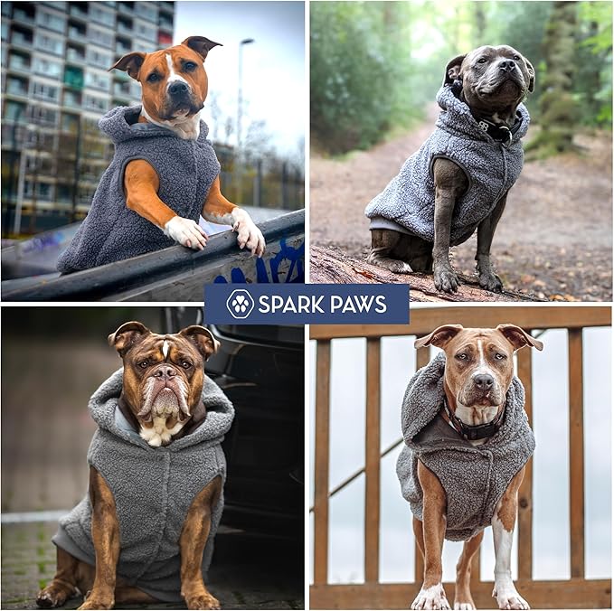 Spark Paws Teddy Dog Sweater, Sherpa Jacket Vest with Warm Fleece Lining, Winter Coat Suitable for Small Medium Large XL XXL Breeds - Grey - M