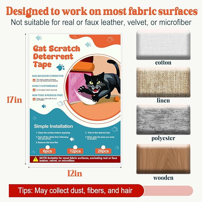 6 Pack Cat Scratch Furniture Protector – Double-Sided Sticky Deterrent Training Tape from Cat Claws, Clear Anti-Scratch Guard for Couch, Sofa, Doors, Easy Apply & Residue-Free, Not for Leather,Velvet