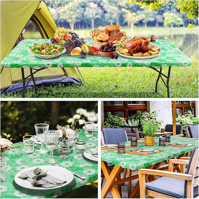 misaya Rectangle Vinyl Tablecloth, Fitted Table Cover, 100% Waterproof, Elastic Edge, Plastic Table Cloth Fit 5 Foot Folding Tables for Picnic, Camping, Outdoor (Green Daisy, 30x60 inch)