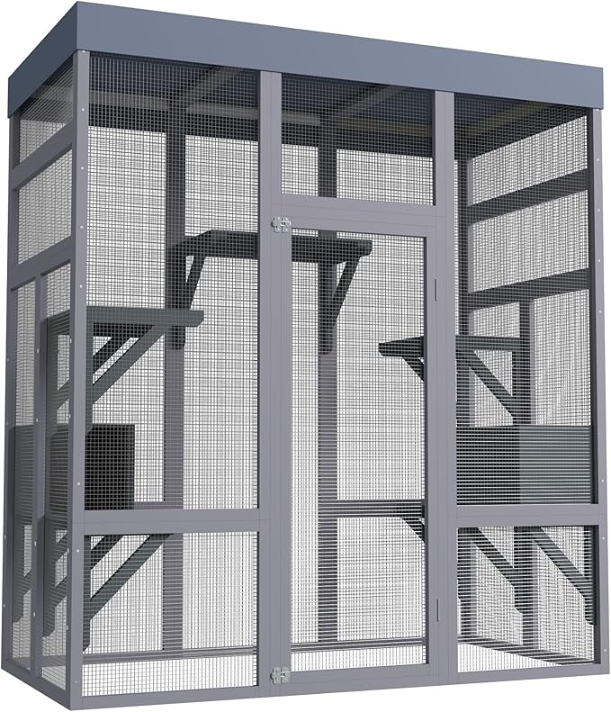 LOVMOR 62.6" Wooden Outdoor Catio for Cats, Large Cat Enclosure with Waterproof Roof, 2 Napping House, Platforms & Rust-Proof Wire – Secure Pet Cage for Backyard or Patio
