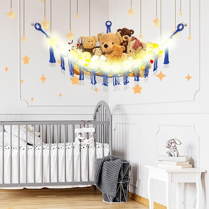 CERETIA Stuffed Animal Hammock with LED Light, Large Stuffed Animals Storage Corner Plushie Net for Kids Room Decor, 2 Packs Royal Blue