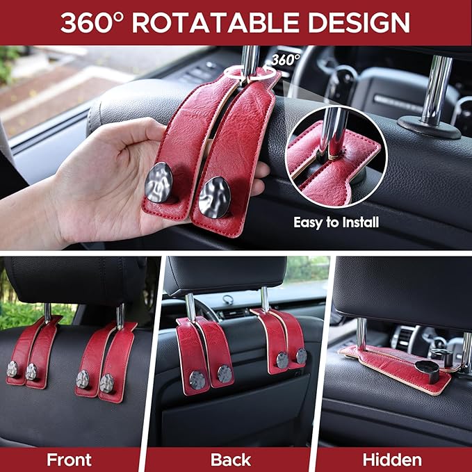 2PCS Leather Car Seat Hooks for Headrest, Vehicle Hanger Storage Organizer Universal for Handbag Purse, Car Accessories Gift (Red-Black)