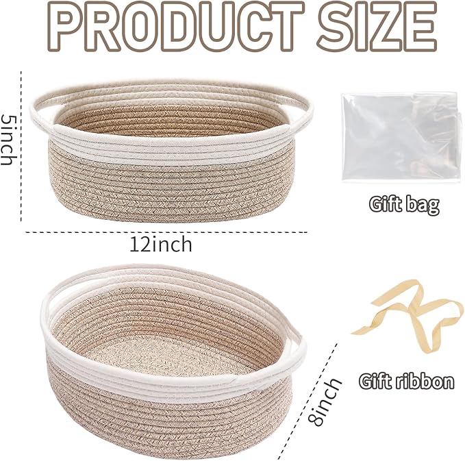JMvicyroam Woven Basket,Small Rope Storage Bin with Handles & Ribbon Bag, Organizer for Shelves Closets,Gift Basket Empty for Birthday,Books,Dog Toys, White&Oatmeal