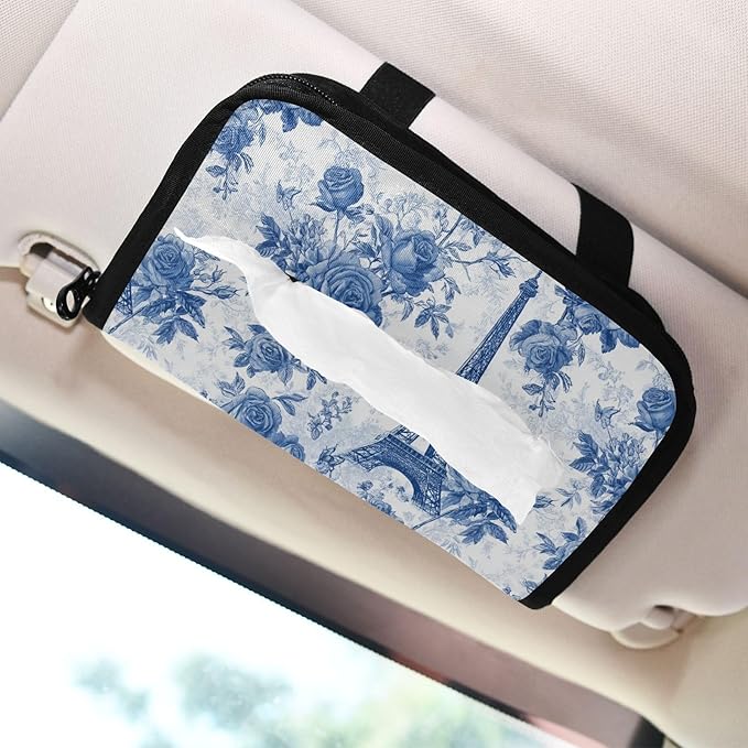 Car Tissue Holder Car Napkin Holder Car Tissue Box Dispenser Storage Case Sun Visor Mask Holder with Adjustable Straps Reusable Refillable Blue Roses and Eiffel Tower