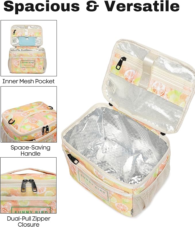 SUNNY BIRD Foldable Insulated Lunch Bag Leakproof Thermal Lunch Box for Women Men Teen with Shoulder Strap (Grapefruit Pink)
