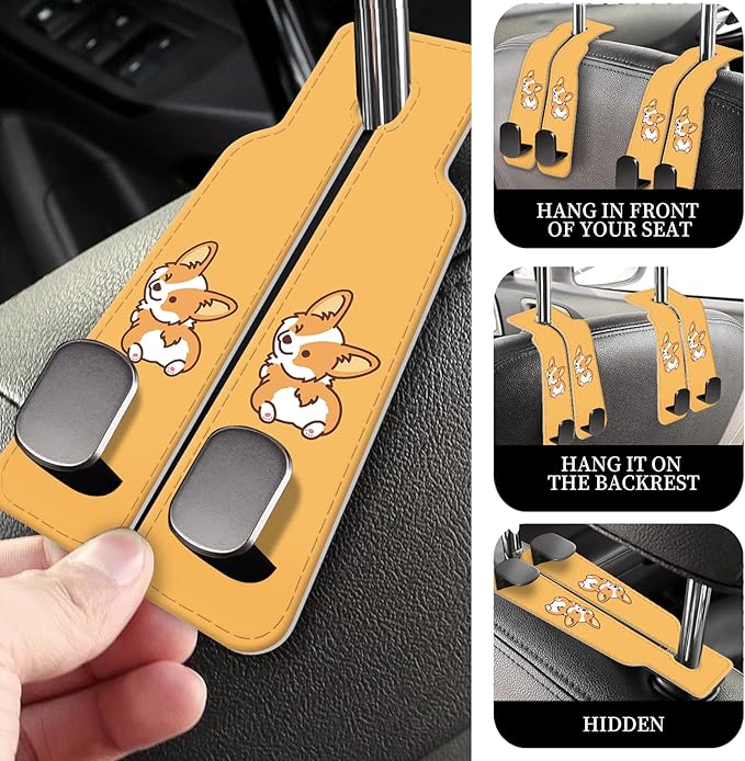 PU Leather Car Seat Hook, Storage Headrest Hanger, Cute Car Backseat Organizer, Car Hooks For Purses and Bags Corgi Dog Orange
