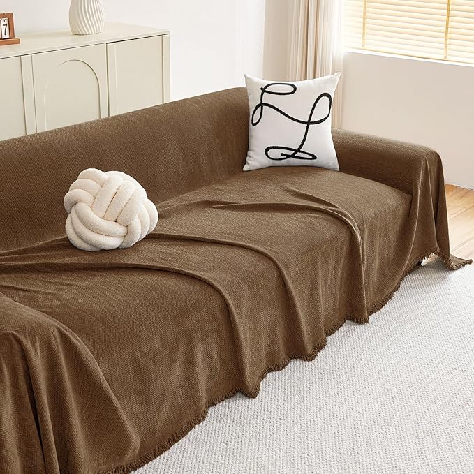 hyha Couch Cover for Dogs, Boho Sofa Covers for 3 Cushion Couch Washable, Chenille Sofa Slipcover for Pets, Soft Loveseat Sectional Couch Throw Blankets with Tassels (Chocolate, 71x91 Inch)