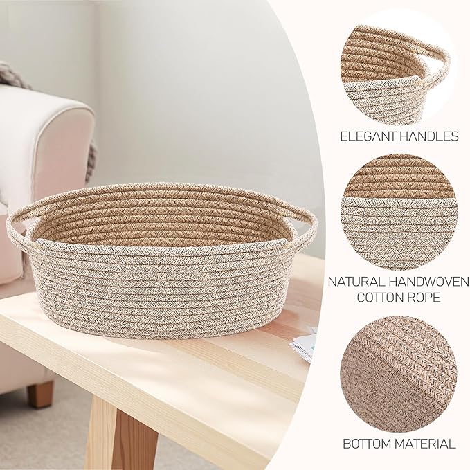 Woven Basket,Small Rope Storage Bin with Handles & Ribbon Bag, Organizer for Shelves Closets,Gift Basket Empty for Birthday,Books,Dog Toys,Oatmeal/3 Pack