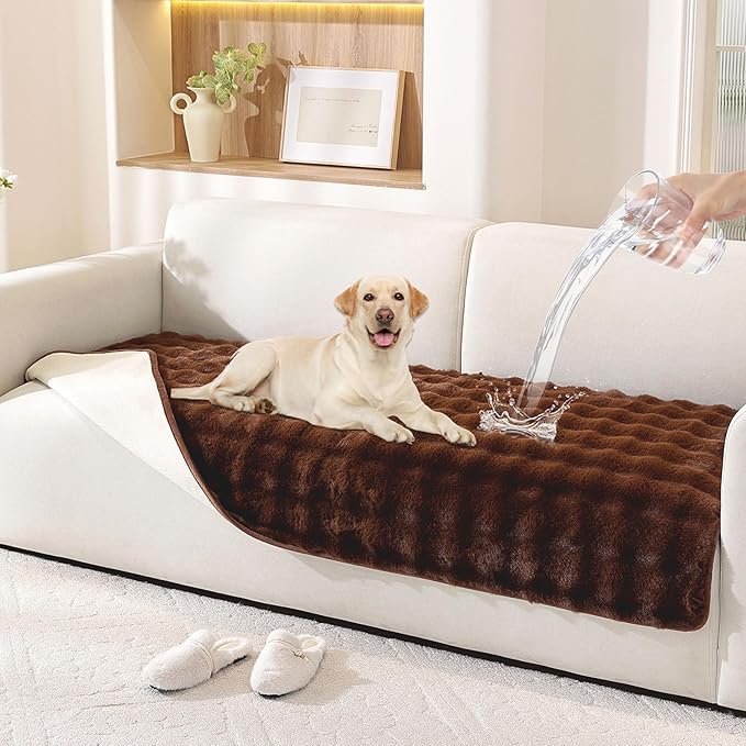 Waterproof Dog Bed Cover Non Slip Couch Covers for Dogs Washable Soft Faux Fur Sofa Cover Couch Covers for 2 Cushion Couch Sofa Pet Friendly (Brown)