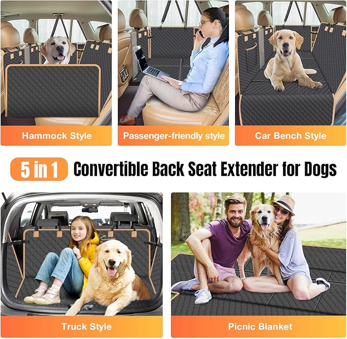 Dog Car Seat Cover for Back Seat, Hard Bottom Back Seat Extender for Dogs Holds 400lbs, Easy to Clean, Waterproof Scratch Proof Nonslip Dog Hammock for Cars SUV Truck, Black Color