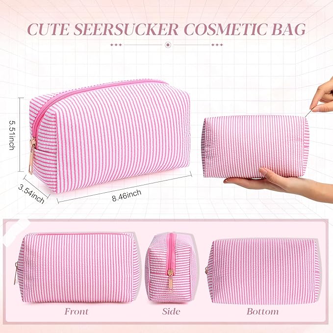 Sanwuta 6 Pcs Seersucker Cosmetic Bags Bulk Seersucker Makeup Bags Stripe Women Pouch Large Preppy Storage Pouch Toiletry Travel Organizer for Wedding Bridesmaid Bride Favor Mom Gift (Pink)