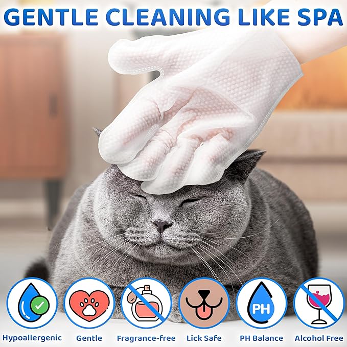 Premium Pet Wipes for Dogs & Cats - 12 Pcs - Disposable Washing Gloves for Bath & Grooming - Clean & Dry Paws, Fur, Face, Ears, Butt & Body - Hypoallergenic, Lick-Safe & Waterless Cleaning Gloves