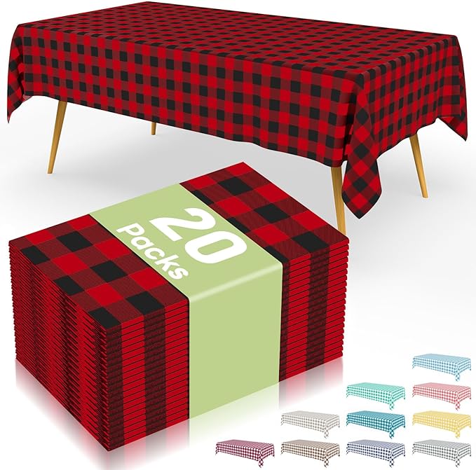Smiry 20 Packs Gingham Disposable Table Cloth, 54 x 108 Inch Waterproof Plastic Tablecloth, Rectangle Black and Red Checkered Table Covers for Picnic, Birthday, Party