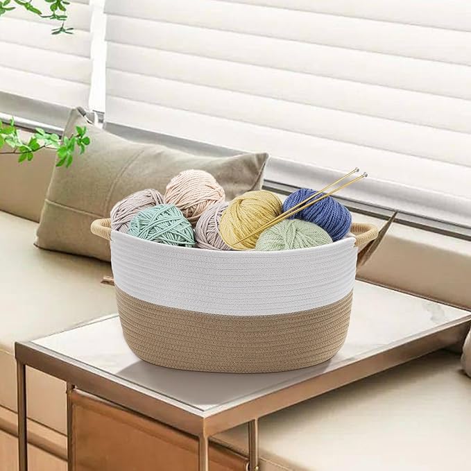 Medium Rope Basket with Handles, Medium Bohe Storage Basket, 17 "L x 12.5" W x 8.5 "H, Home Decor Organizer for Towels,toys, Books & Magazines