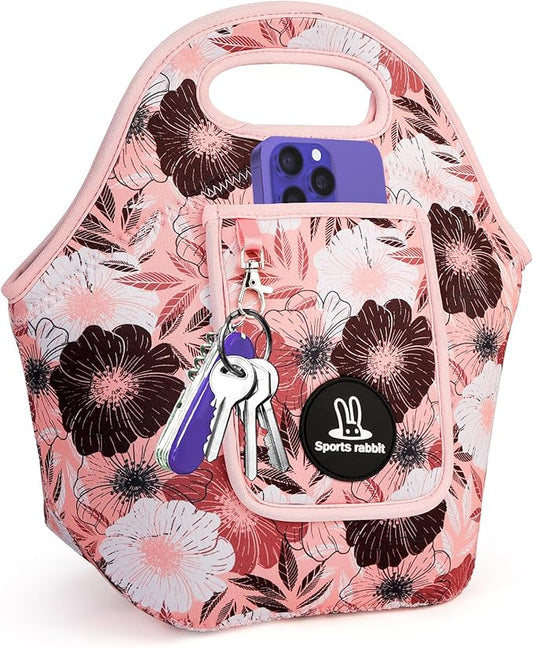 Sports Rabbit Neoprene Insulated Lunch Bag for Women - Front Pocket for Phone&Keys - Reusable, Foldable, Lightweight, Waterproof, Easy to Store & Clean - Ideal for Work, Travel & Picnics (Pink Floral)