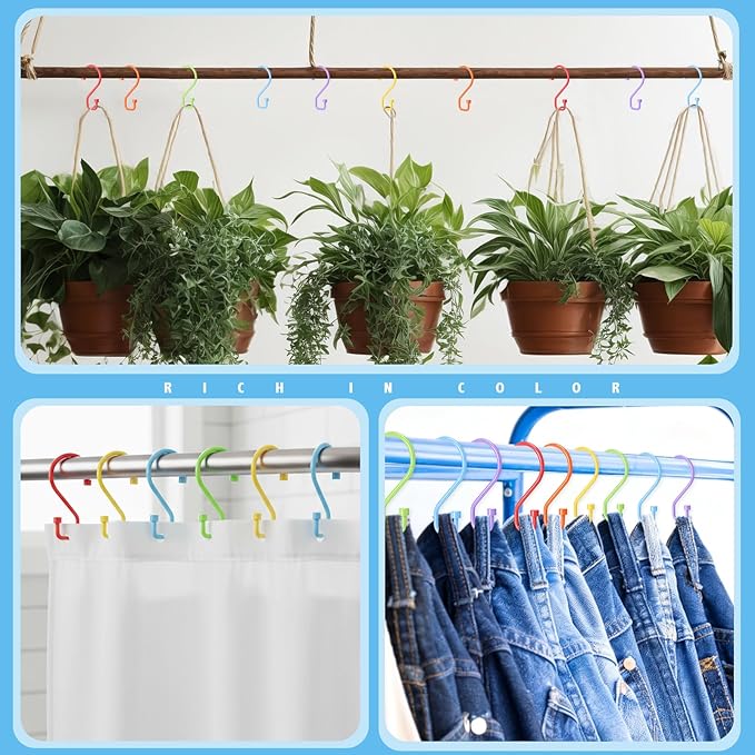 Wenqik 12 Pcs Colorful S Hooks Hanging Stainless Steel Multi Functional Metal Hanging Hooks Reversible Metal S Shaped Hook for Kitchen, Bathroom, Garden, Indoor, Outdoor