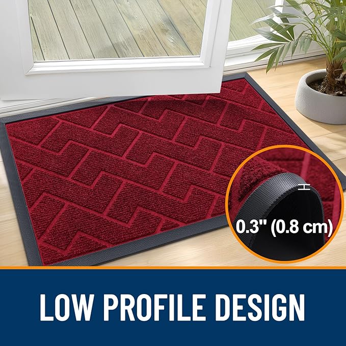 OLANLY Front Door Mat Indoor Outdoor Entrance, Waterproof All-Season, All-Weather Doormat, Sturdy Natural Rubber, Low Profile, Easy Clean Patio Porch Entryway Mat, Herringbone Brick (Wine Red, 35x23)