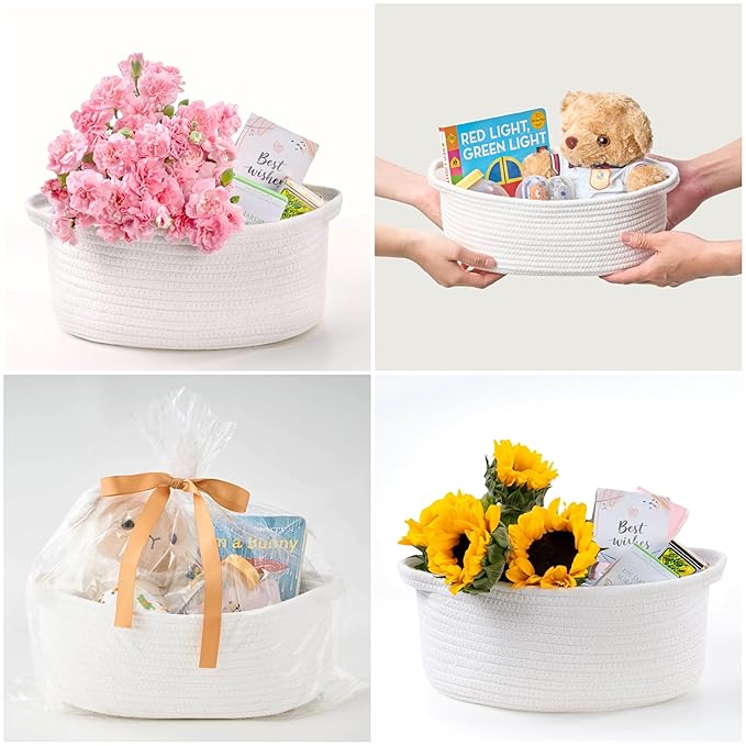 Small Woven Gift Basket Empty with Bag & Ribbon - Gifts for Mom, Baby Shower, Birthdays & Raffle - Cotton Rope Storage Basket for Dog Toys or Shelf - 12"x8"x5", Easter White, 8 Packs