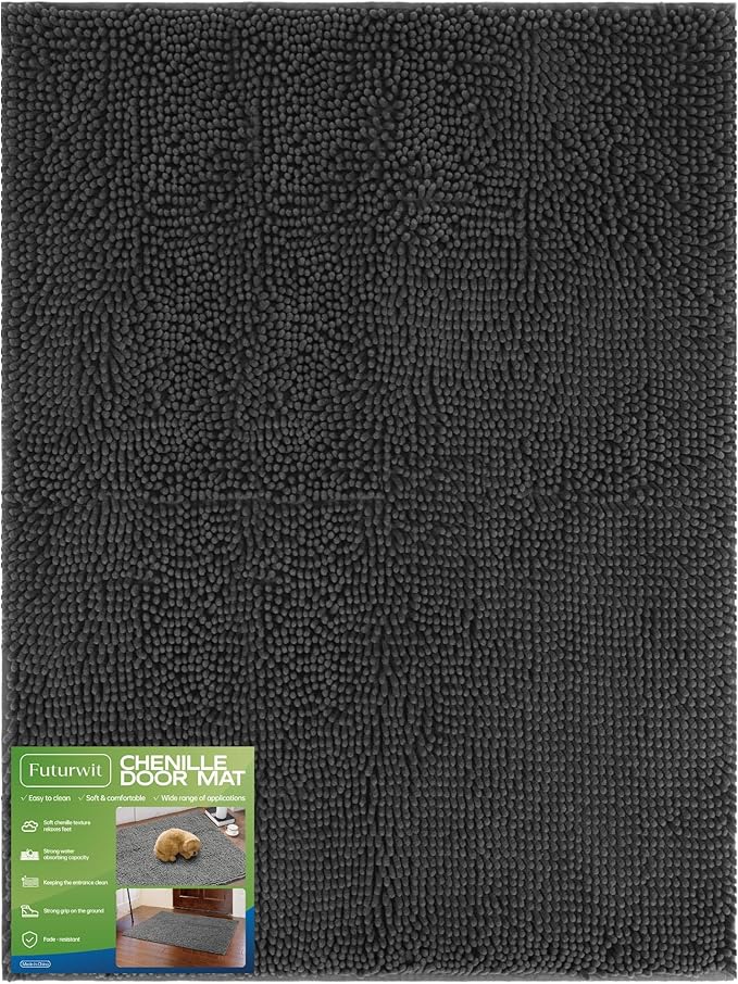 Futurwit Dog Door Mat for Muddy Paws, 48" x 36" Chenille Absorbent Front Door Mat Inside, Large Runner Mud Mat for Dogs, Trap Dirt Washable Non Slip Outdoor Indoor Entrance Doormats, Grey