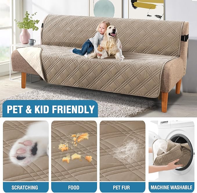H.VERSAILTEX 100% Waterproof Futon Sofa Slipcover Reversible Sofa Cover Armless Futon Cover Soft Thicken Sofa Bed Pets Kids Dog Cat Fit Sitting Width Up to 70", Taupe/Beige