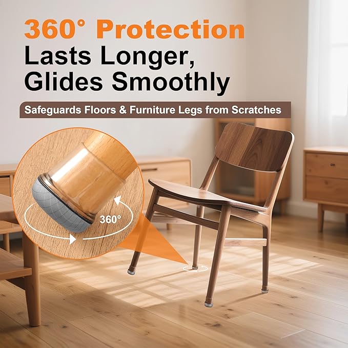 Chair Leg Floor Protectors for Hardwood Floors – Smooth Nylon Base Won’t Trap Cat or Dog Hair, Clear Silicone Caps No Scratch & Silent on Carpet & Tile (32 Pack, Fits 1" to 1-1/8")
