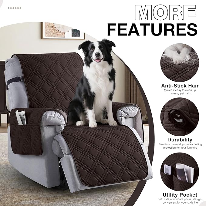 TAOCOCO 100% Waterproof Recliner Chair Cover, Non Slip Recliner Covers for Recliner Chair with Pocket, Washable Reclining Chair Cover Furniture Protector for Kids, Pets(23.6'', Coffee)
